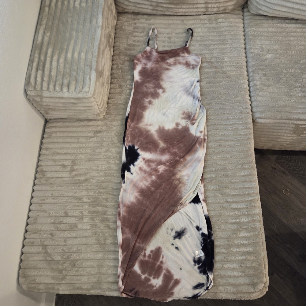 Heart Hips Tie Dye Maxi Dress S Bodycon Spaghetti Strap Brown Black Slit Summer